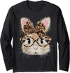 Cute Bunny Rabbit Face Leopard Coquette Bow Glasses Long Sleeve Shirt in Black