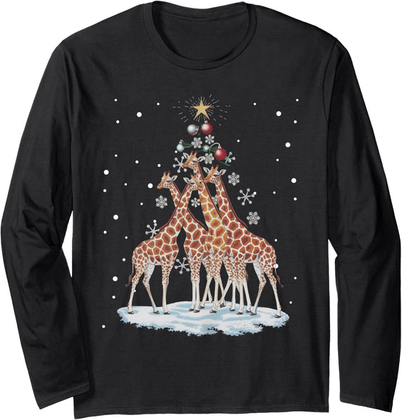 Ugly Xmas Animal Christmas Sweater Family Outfit Giraffes Xmas Tree Giraffe Christmas Tree Merry Christmas Long Sleeve T-Shirt - Adult Unisex - Black