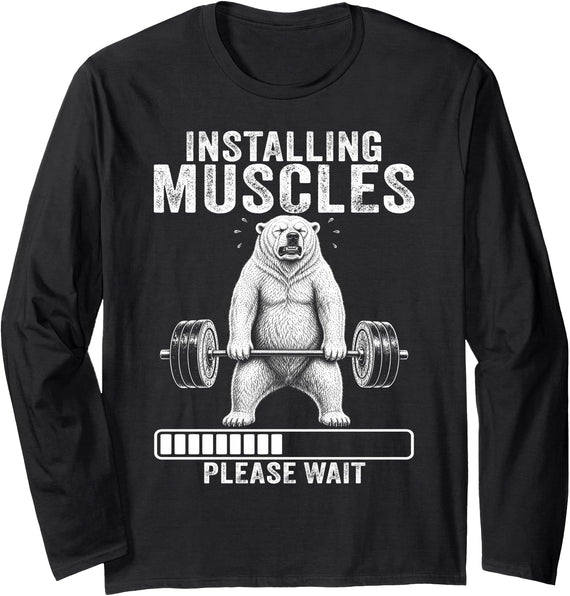 Funny Polar Bear Fitness Deadlift Workout Installing Muscles Please Wait Polar Bear Gym Long Sleeve T-Shirt - Black