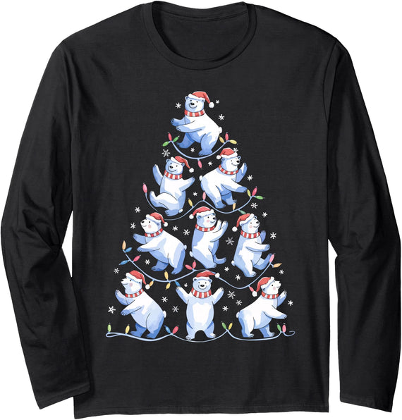 White Giant Christmas Tree Lights Santa Hats Polar Bear Christmas Tree Funny Ice Bear Holiday Long Sleeve T-Shirt - Black