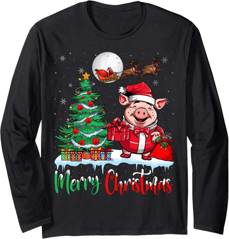 Pig Christmas Party Shirts Co. Pig Santa Hat Xmas Tree Lights Winter Merry Christmas Pigs Long Sleeve T-Shirt - Black