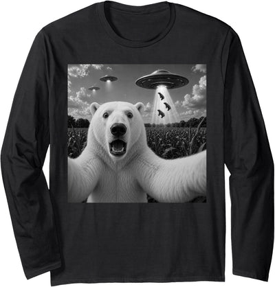 Retro Polar Bear Selfie with UFOs Meme Polar Bear Selfie with UFO Alien Funny Long Sleeve T-Shirt