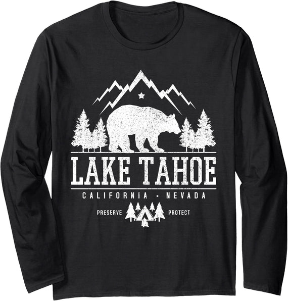 Lake Tahoe Vintage Apparel & Souvenirs Lake Tahoe California - Bear Mountains Nature Camping Gift Long Sleeve T-Shirt - Black