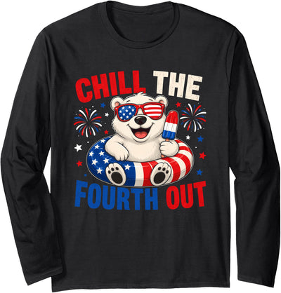 Funny Animal Lovers Fourth Of July Tees Men Women Patriotic Chill The Fourth Out Funny Polar Bear 4th of July Long Sleeve T-Shirt