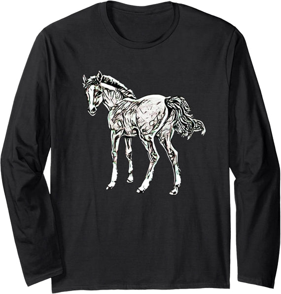 Horses Girls Women | Gift Kids Men Boys Horse Motif Long Sleeve T-Shirt - Black
