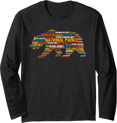 National Parks USA List Word Cloud Bear Camping & Hiking Long Sleeve Shirt