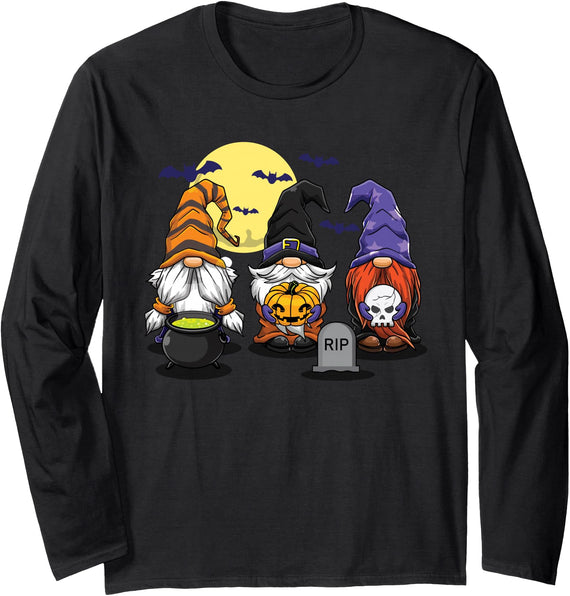 InGENIUS Autumn Fall Gnomes Halloween Halloween Gnomes Autumn Witch Costumes Treat Or Trick Long Sleeve T-Shirt - Black