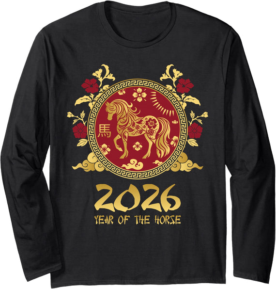 2026 Chinese New Lunar Year Of The Horse Chinese New Year 2026 Horse Happy Chinese New Year 2026 Long Sleeve T-Shirt - Black