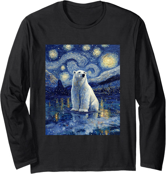 Bear Designs. Cute Polar Bear Van Gogh Style Starry Night Graphic Long Sleeve T-Shirt - Black