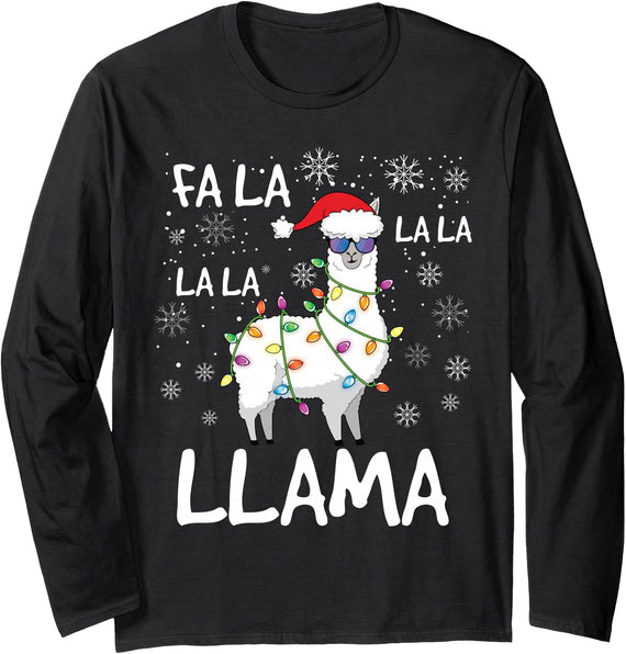Funny Christmas Llama Shirts Fa La La Llama Shirt Women Men Kids Funny Llama Christmas Long Sleeve T-Shirt - Black