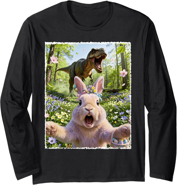 Funny Rabbit Selfie with T-Rex Dinosaur Easter Bunny Long Sleeve Shirt in Black