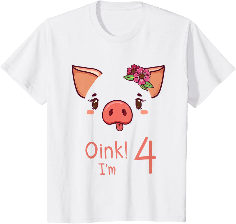 Girls Cute Pig Birthday Designs Co. 4th Birthday Pig Outfit Pig Face Gift 4 year old Girl Boy T-Shirt - White