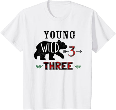 Bear Buffalo plaid Young Wild & Three 3 years 3rd Birthday T-Shirt