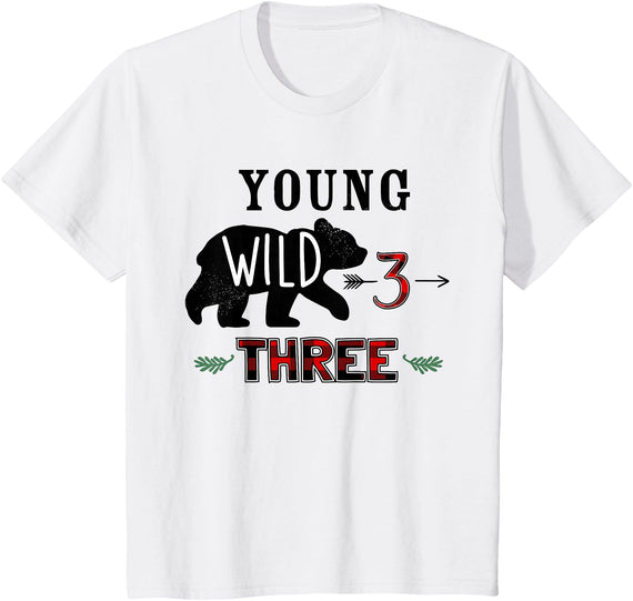 UrbanWear Bear Buffalo plaid Young Wild & Three 3 years 3rd Birthday T-Shirt - White