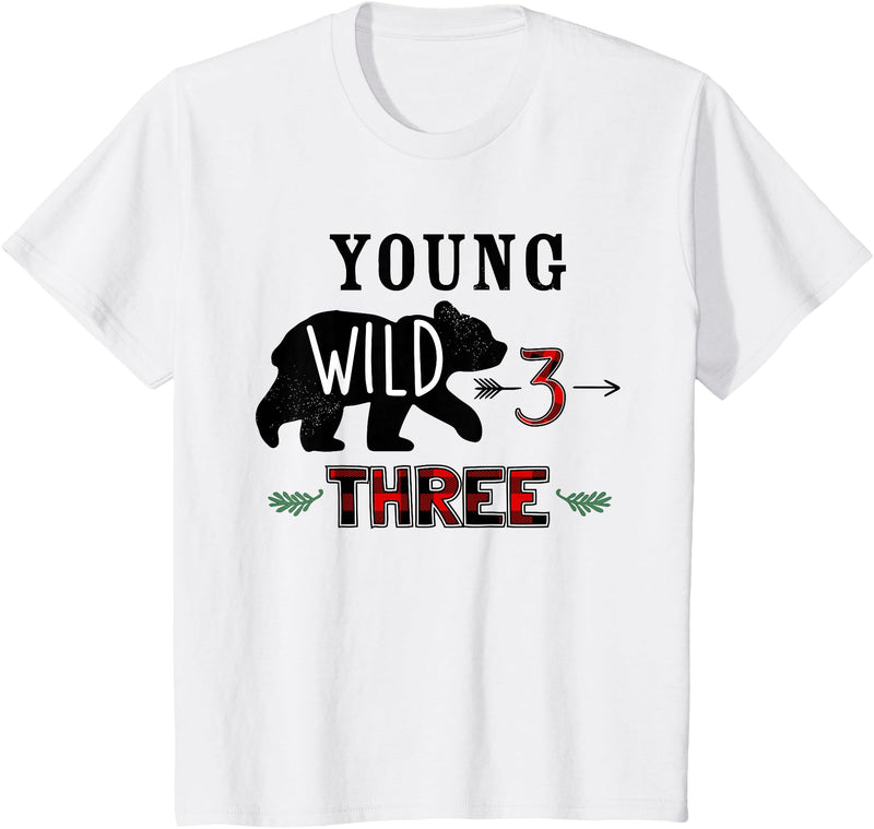 UrbanWear Bear Buffalo plaid Young Wild & Three 3 years 3rd Birthday T-Shirt - White