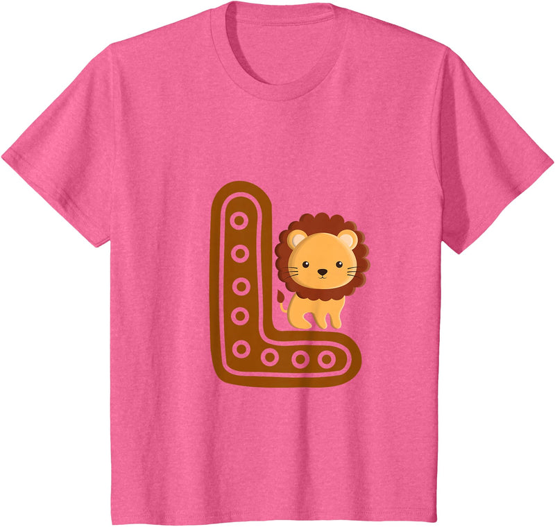 Kids Alphabet Letters Letter L Cure Lion Alphabet Cute Animal Boys Girls T-Shirt - Pink Heather