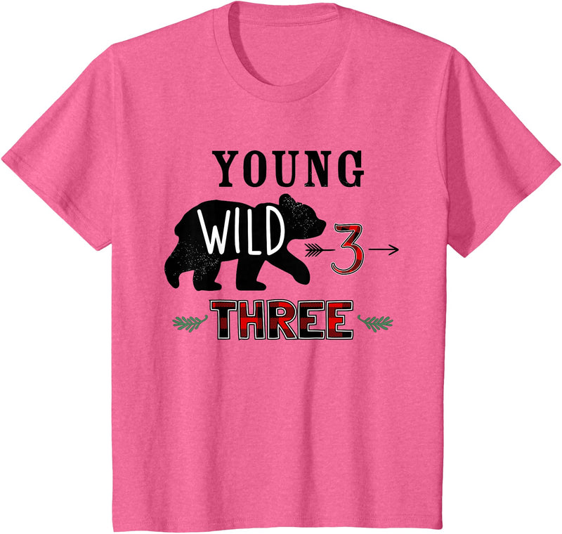 UrbanWear Bear Buffalo plaid Young Wild & Three 3 years 3rd Birthday T-Shirt - Pink Heather