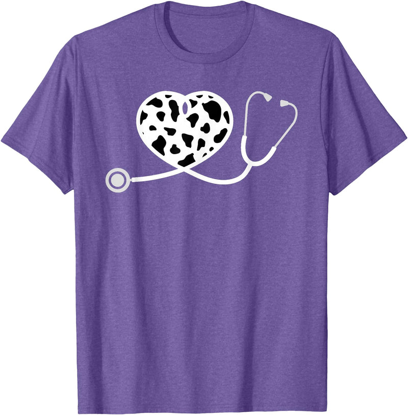 Cute Cow Print Design Stethoscope Gifts Him Her Cow Print Pattern Nurse Doctor Cardiology Stethoscope Heart T-Shirt - Purple