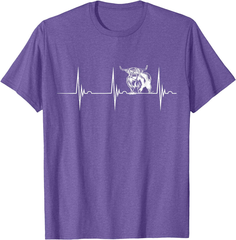 Loveable Highland Cows Hairy Coos Scottish Highland Cow Heartbeat EKG Pulse Highlander Cow T-Shirt - Purple Heather