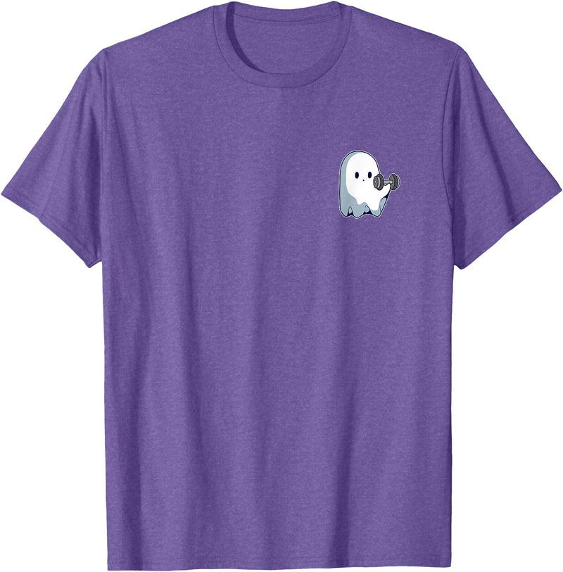 Cute Paranormal Workout Ghost Lifting Dumbbells Ghost Weightlifting Pocket Funny Ghost Workout Halloween T-Shirt - Purple