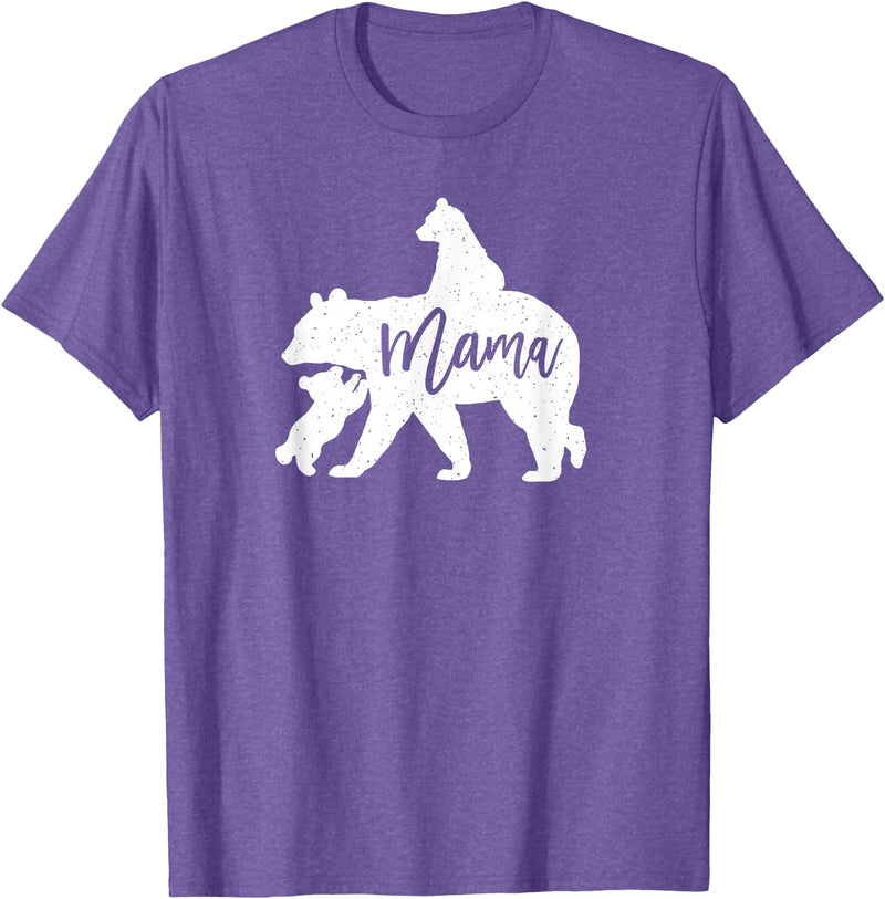 Artsy Mommy Bear Silhouette Nature Family Gifts Mama Bear 2 Baby Bear Cubs Playing Riding on Back T-Shirt - Purple Heather