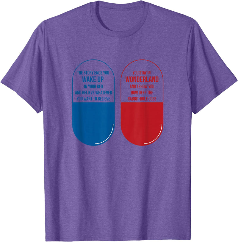 Blue Pill Red Pill Wonderland Rabbit Hole T-Shirt in Purple Heather