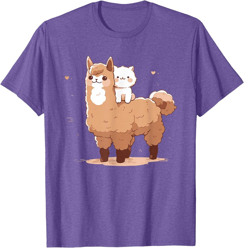 Kawaii Valentine Llama And Cat Design Cute Llama And Cat T-Shirt - Purple Heather
