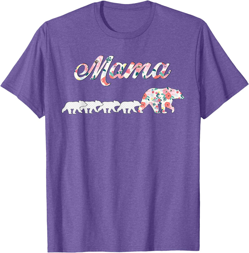 Wildflower Tee Co. Floral Mama Bear, Mom of 4 Shirt, Mama Bear and 4 Cubs T-Shirt - Purple Heather