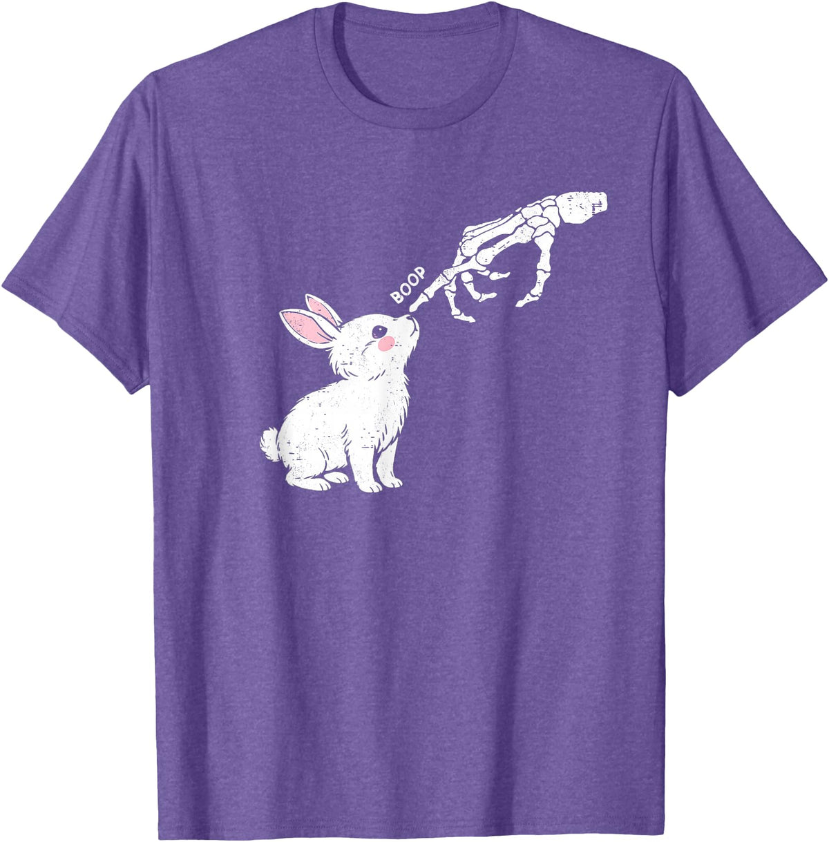 Cute Skeleton Hand Boop Bunny Rabbit Funny Easter Day T-Shirt in Purple Heather