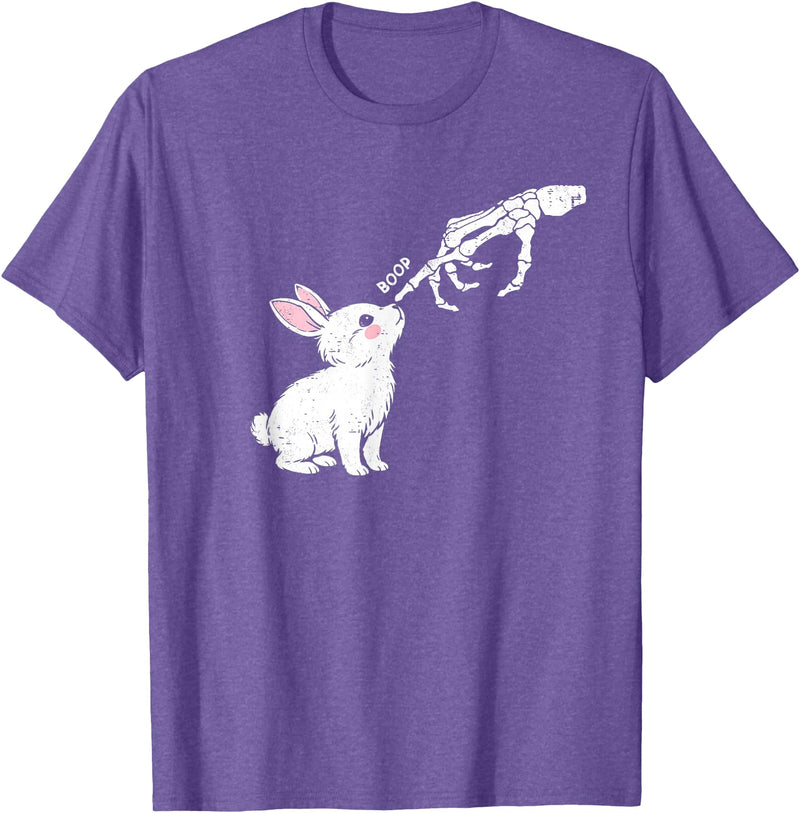 Cute Skeleton Hand Boop Bunny Rabbit Funny Easter Day T-Shirt in Purple Heather
