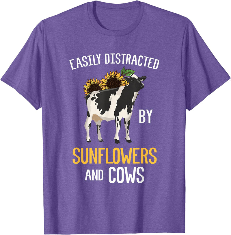 Funny Gift Idea for Sunflower and Cow Lovers Easily Distracted By Sunflowers and Cows T-Shirt - Purple Heather