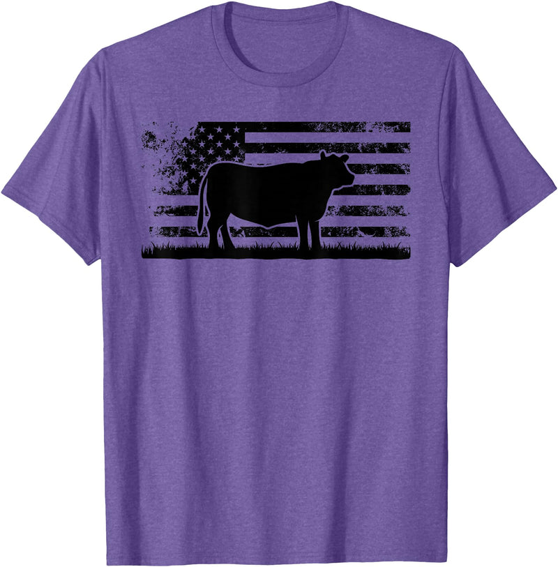 Funny Red Angus Rancher Gift for Cattle Lover USA American Flag - America Cow Red Angus Rancher T-Shirt - Purple Heather