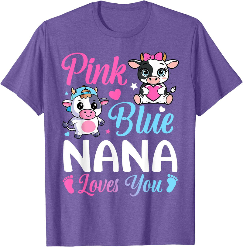 Cow Baby Shower Announcement Family Matching Tees Pink Or Blue Nana Loves You Cow Gender Reveal Family T-Shirt - Purple