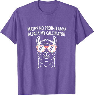 Pun Llama Animal Math Teacher Math No Prob llama Alpaca My Calculator Funny Pun Teacher T-Shirt - Purple Heather