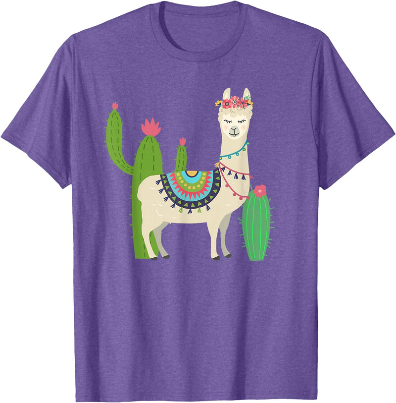 Captivaca Llama Shirts Cute Llama with Flower & Cactus/Llama Lover Gift T-Shirt Small - Purple Heather