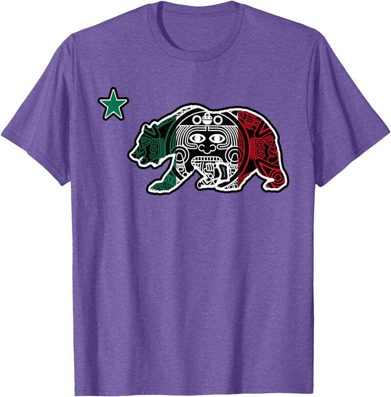 California Aztec Apparel Co California Republic Bear Aztec Calendar Mexico Mexican Flag T-Shirt - Purple Heather