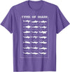 I Love Sharks Design T-Shirts 360 21 Types of Shark | Marine Biology Gift T-Shirt - Purple Heather