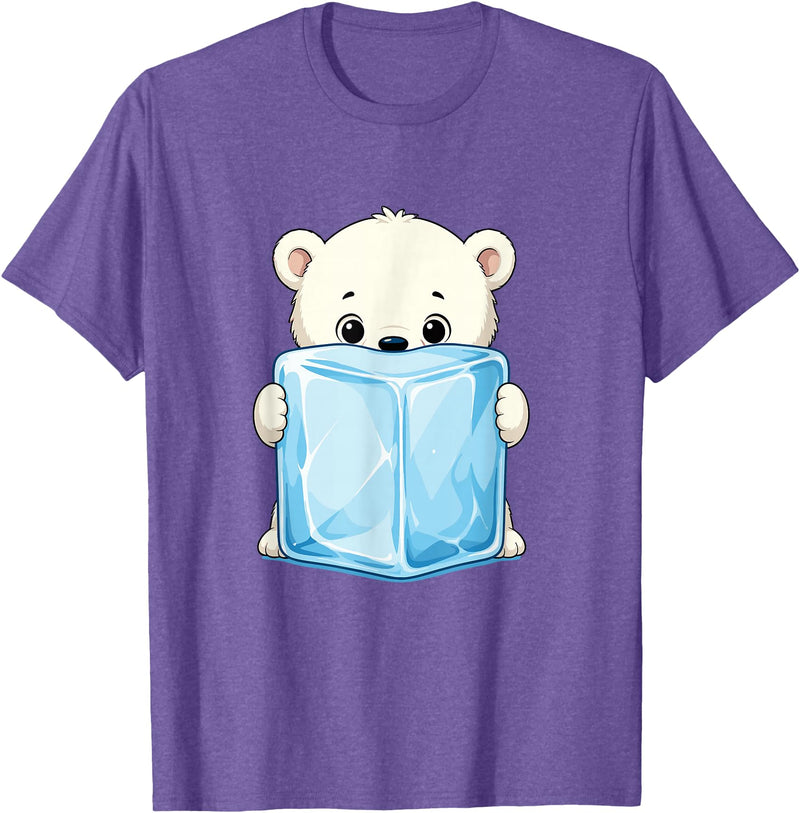 Cute Arctic Polar Bear With Ice Cube Kawaii Baby Polar Bear Holding Ice Cube Cartoon T-Shirt - Purple Heather