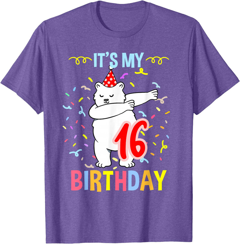 Hiking Lover Design Its My 16th Birthday Dabbing Polar Bear T-Shirt - Purple Heather