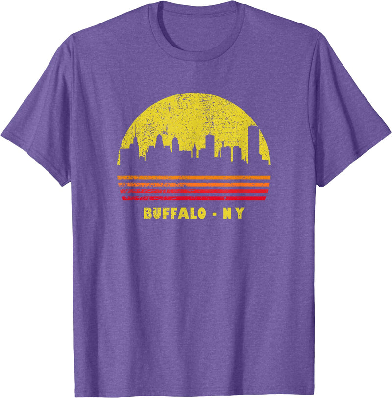 Wowsome! Vintage Retro Sunset Buffalo NY Skyline T-Shirt - Purple Heather