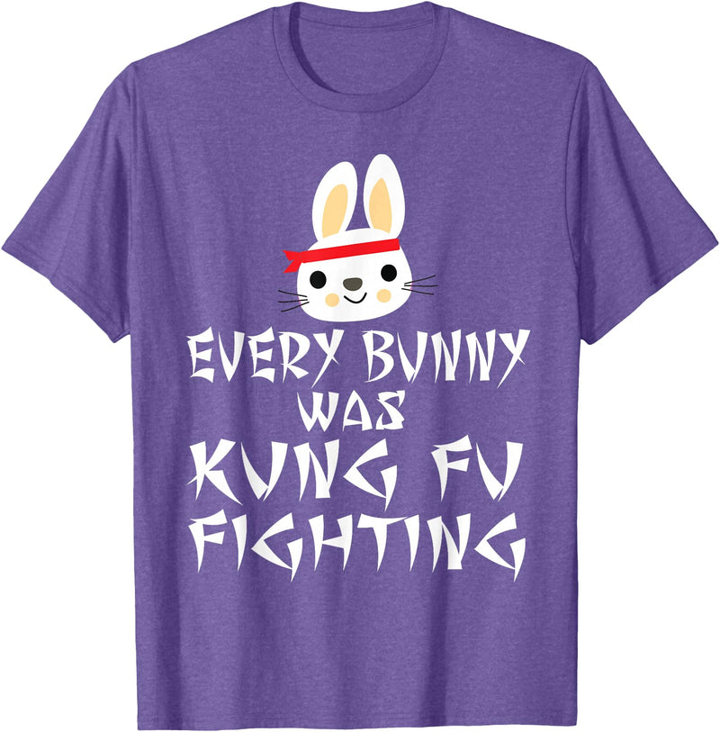 Every Bunny Was Kung Fu Fighting Funny Easter Rabbit T-Shirt in Purple Heather