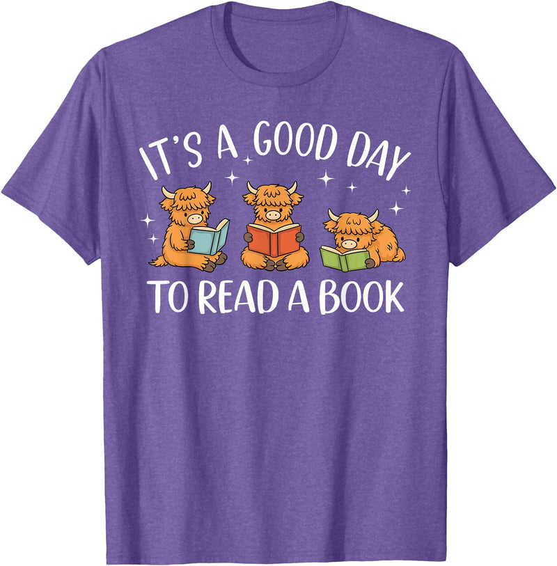 Cute Highland Cow Reading Book Lover It's A Good Day to Read A Book Highland Cow Bookworm T-Shirt - Purple Heather