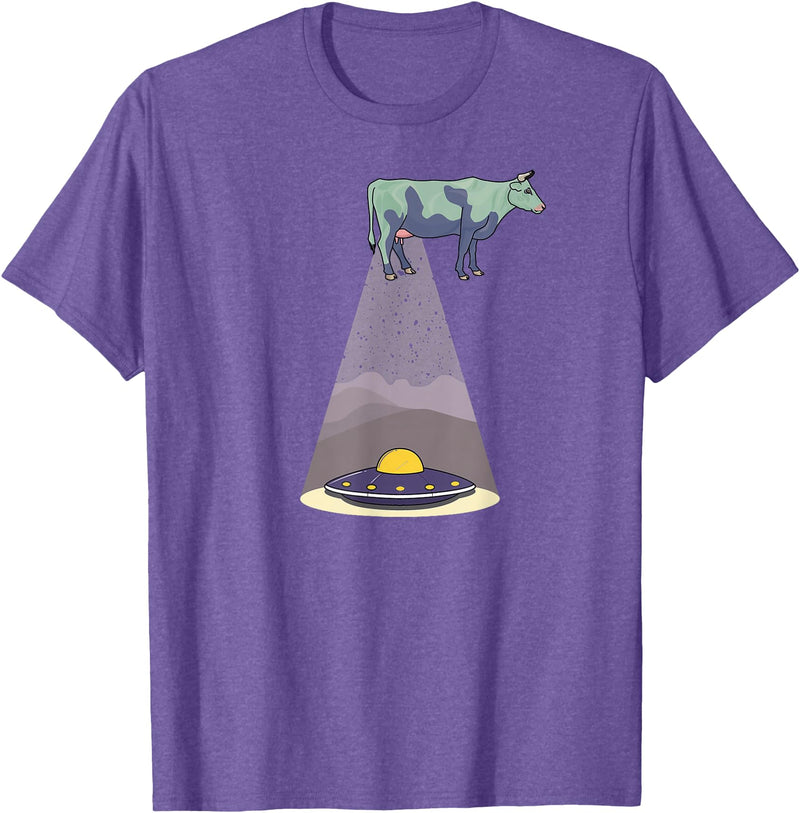 Funny Alien Abduction Cow UFO T-Shirt - Purple Heather