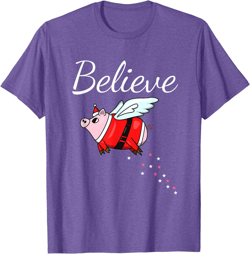Funny Christmas for Men and Women I Believe pigs can fly funny Christmas Design for Pig Lover T-Shirt - Purple Heather