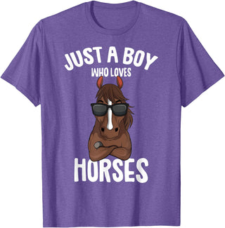Cute Horse Owner Gifts Just a Boy who Loves Horses Equestrian Horseback Riding Kids T-Shirt - Purple Heather