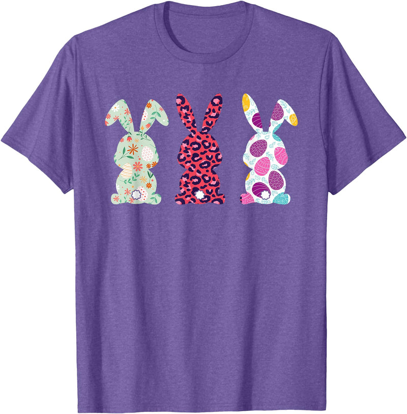 Cute Pink Leopard Eggs Flower Happy Easter Bunny Rabbit T-Shirt in Purple Heather