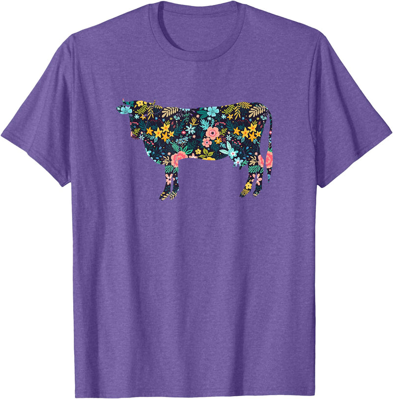 Cow Floral Silhouette Cattle Farm Lover Floral Cow Silhouette Womens Girls Cow Farm Animal T-Shirt - Purple Heather