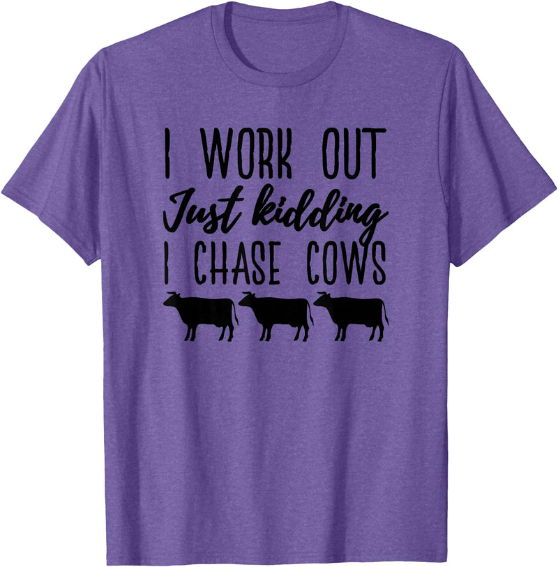 NikkiDawn's Cow Apparel I Work Out Just Kidding I Chase Cows Funny Cow T-Shirt - Purple Heather