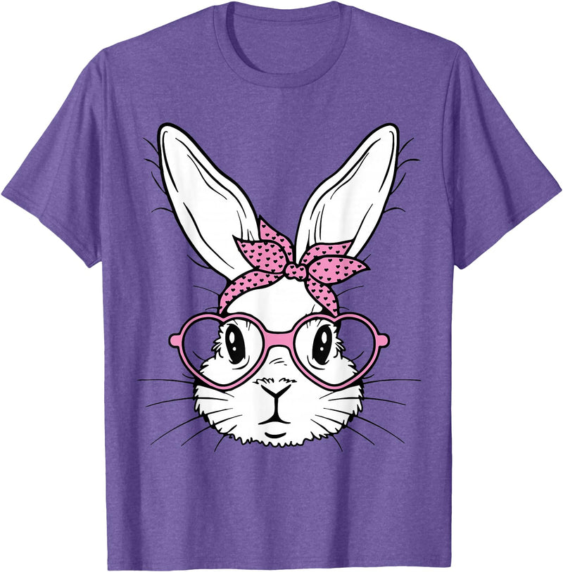 Cute Bunny Rabbit Face with Bandana Heart Glasses Easter Day T-Shirt in Purple Heather