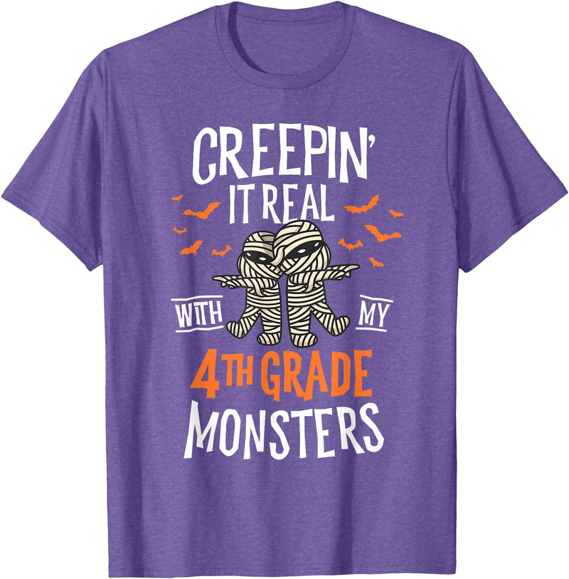 Halloween by Joy Haus Creepin It Real with My 4th Grade Monsters Halloween Teacher T-Shirt - Purple Heather